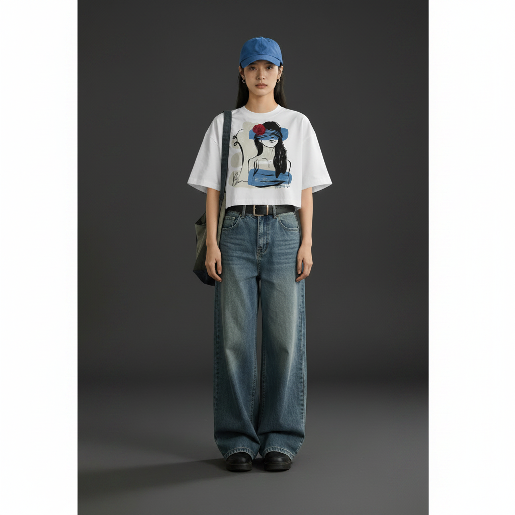 Mujer de pie con camiseta Mirada Oculta oversize blanca