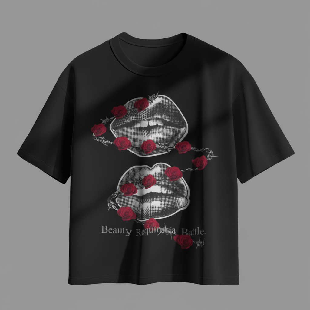 Camiseta oversize negra Beso de Sangre fondo gris